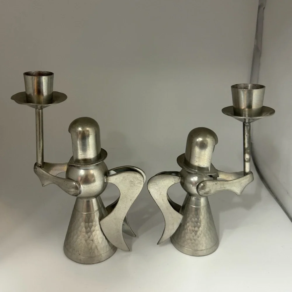 Banka Tin Silver Pewter Angel Candle Holders Hammered Set of 2